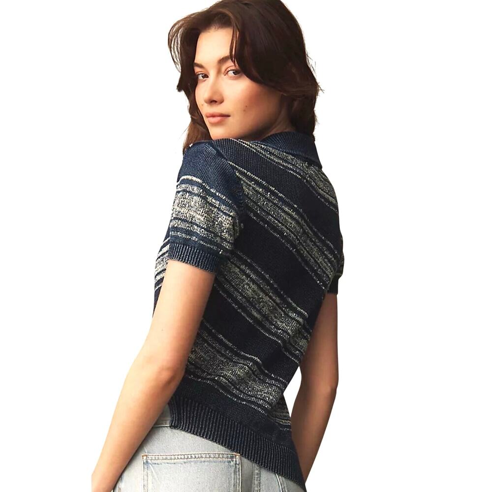 ANTHROPOLOGIE PILCRO Short Sleeved Asymmetrical Sweater Knit Polo Top - Picture 2 of 6